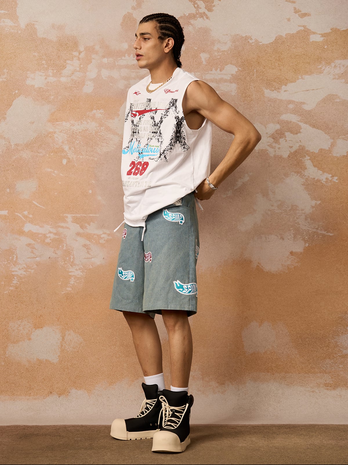 Original Street Embroidered Patch Denim Shorts