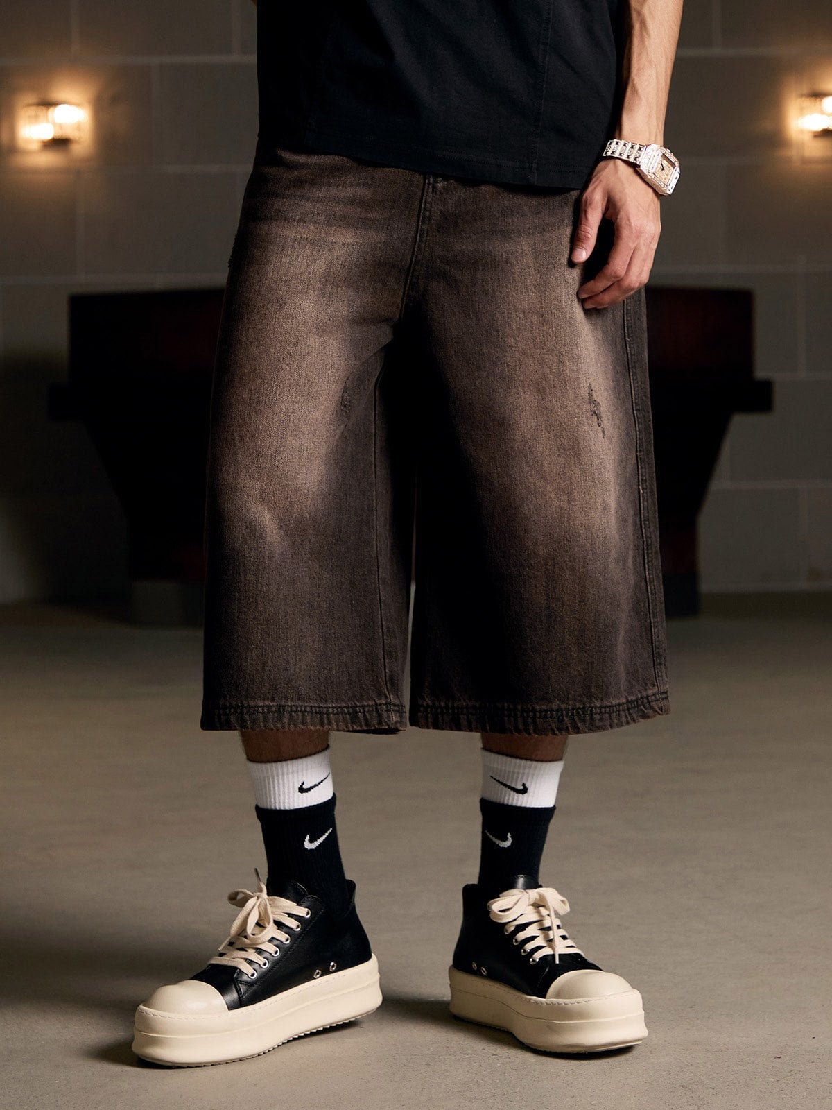 Distressed Washed Denim Cropped Jorts
