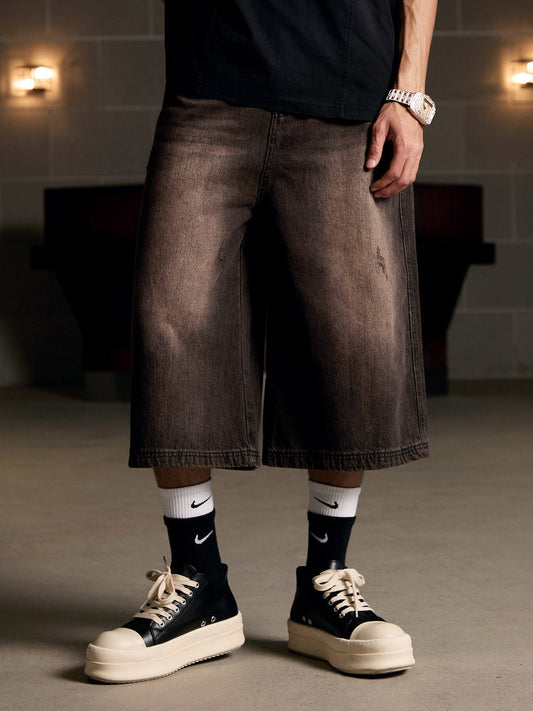 Distressed Washed Denim Cropped Jorts