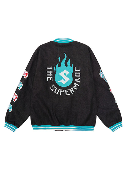 Original Embroidered Patch Flame Design Bomber Jacket