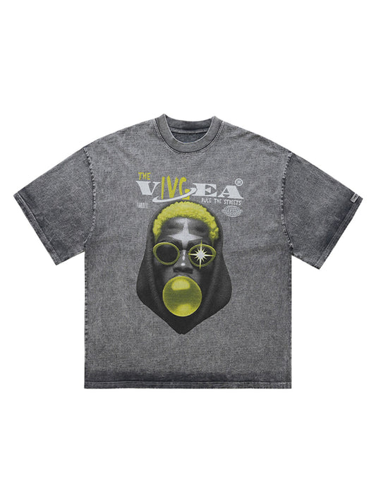 Street Retro Washed Creative Print T-shirt