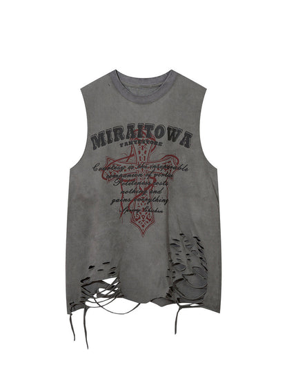 Distressed Ripped Graphic Cross Print Vest