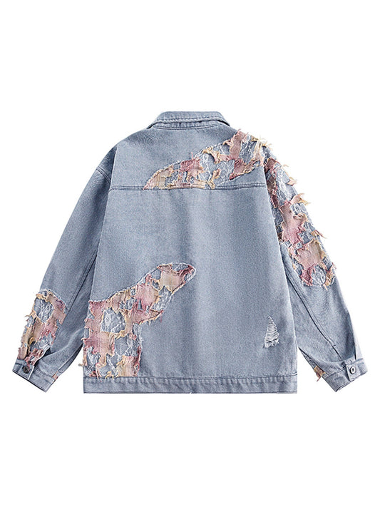 Thesupermade American Street Style Lace Patchwork Denim Jacket