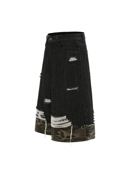 Patchwork Camouflage Ripped Denim Jorts