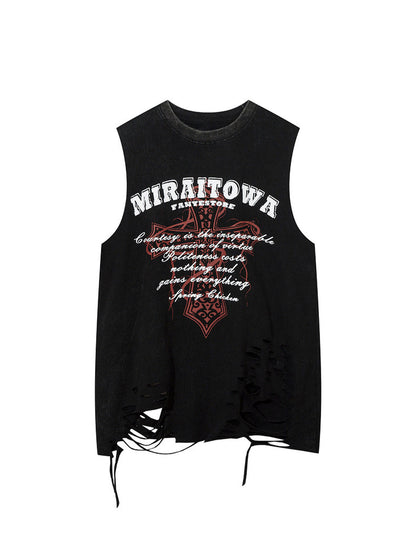 Distressed Ripped Graphic Cross Print Vest