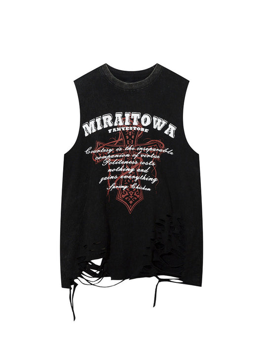 Distressed Ripped Graphic Cross Print Vest