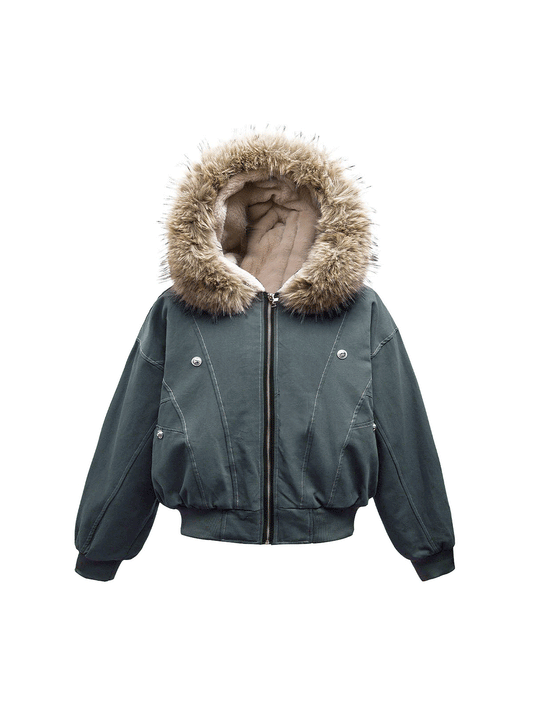 Fur Lined Zip Up Hooded Bomber Jacket