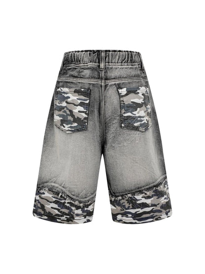 Distressed Camouflage Denim Shorts