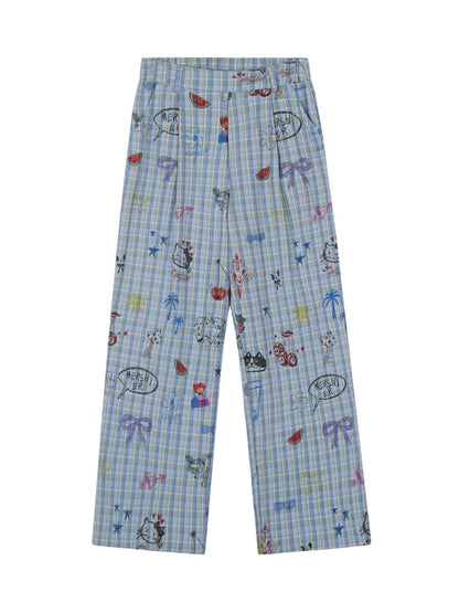 Fun Floral and Fruit Prints Plaid Pants