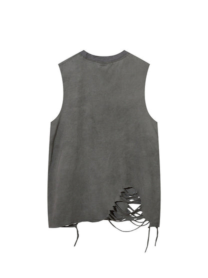 Distressed Ripped Graphic Cross Print Vest
