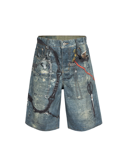 Retro Scissors Print Cropped Denim Shorts