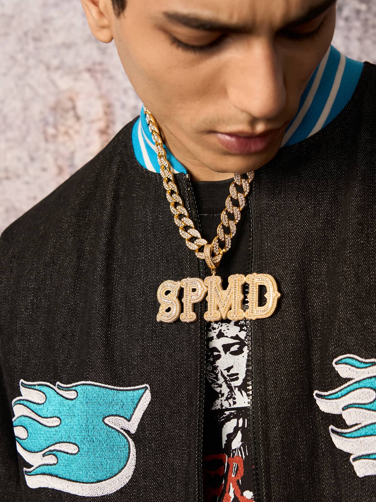 Original Embroidered Patch Flame Design Bomber Jacket