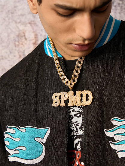 Original Embroidered Patch Flame Design Bomber Jacket
