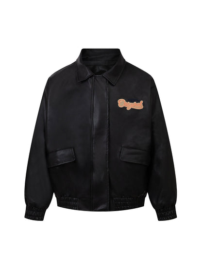 Thesupermade Lettering Embroidered Leather Bomber Jacket