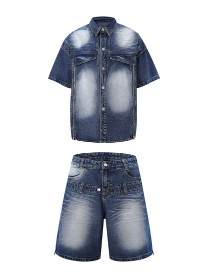 Distressed Washed Workwear Denim Shirt And Jorts Set