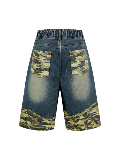 Distressed Camouflage Denim Shorts