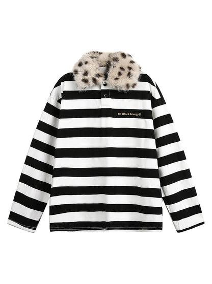 Striped Detachable Fur Collar Long-Sleeve T-shirt - 2397