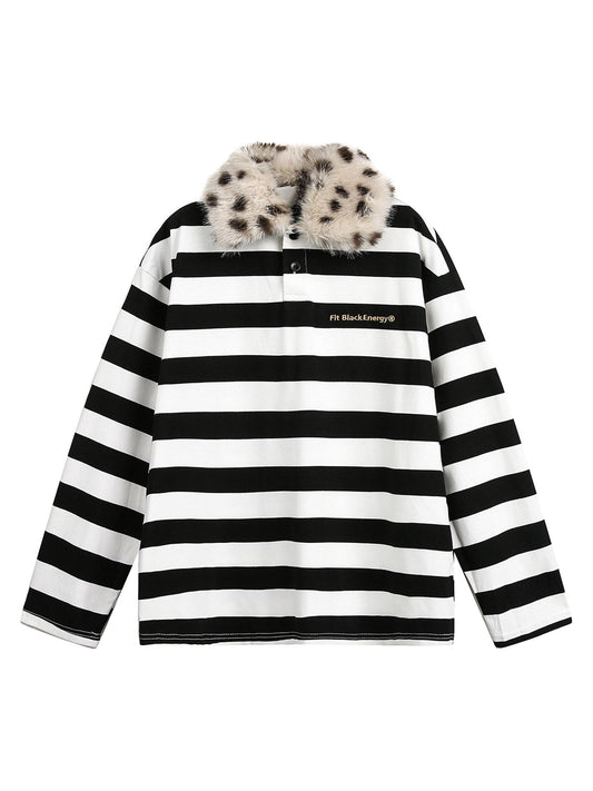 Striped Detachable Fur Collar Long-Sleeve T-shirt - 2397