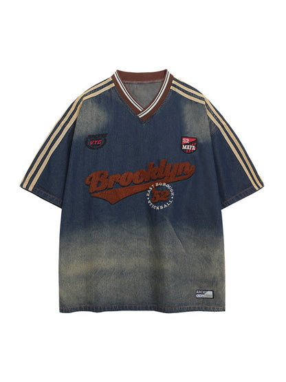 Vintage Distressed Washed Gradient Denim T-shirt