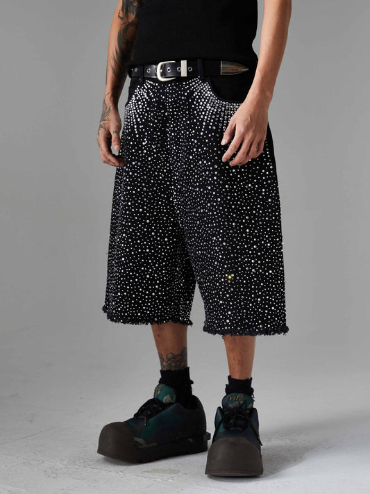 Retro Washed Rhinestone Raw Edge Denim Shorts