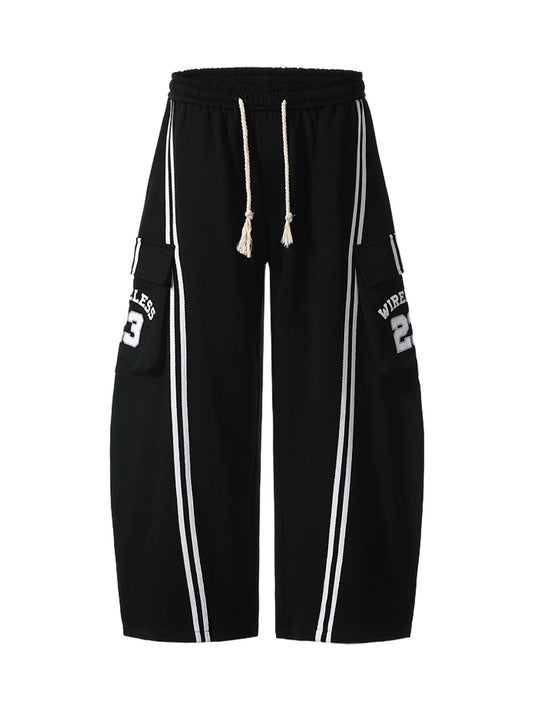 Web Stitching Letter Print Drawstring Barrel Pants