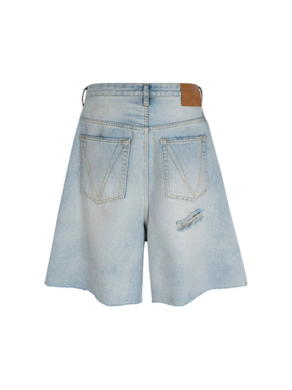 Washed Ripped Whisker Denim Jorts