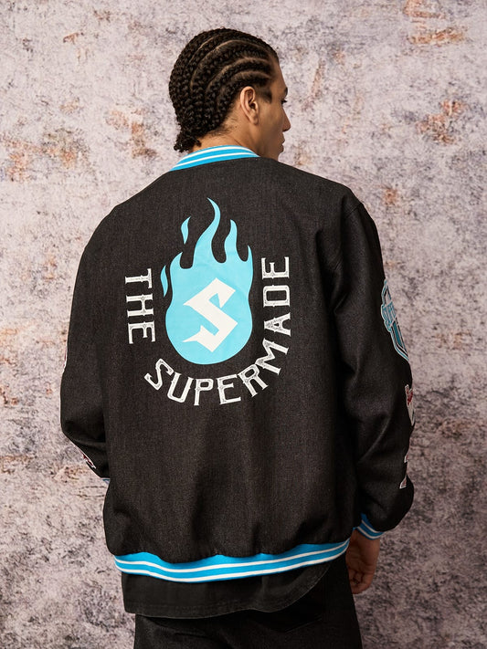 Original Embroidered Patch Flame Design Bomber Jacket