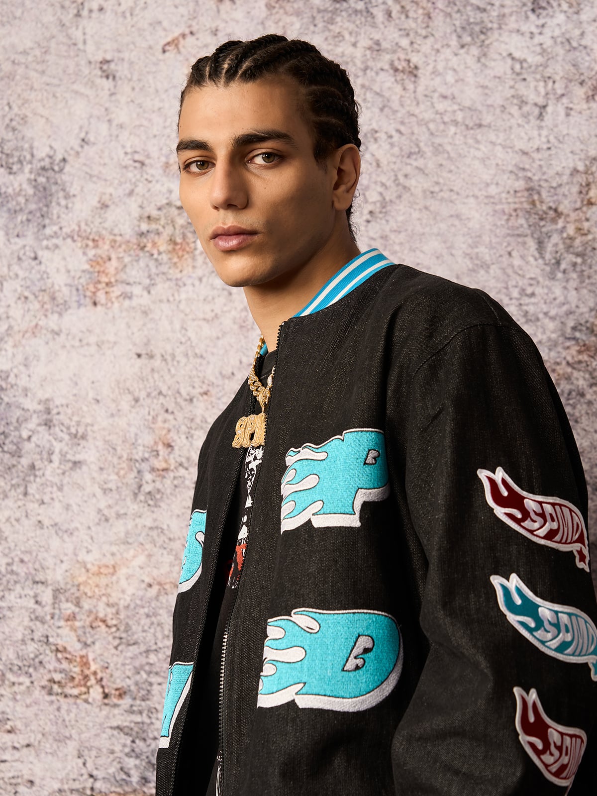 Original Embroidered Patch Flame Design Bomber Jacket