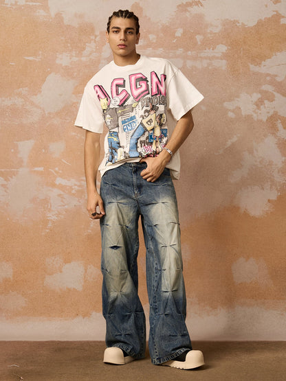 Distressed Washed Pleated Jeans