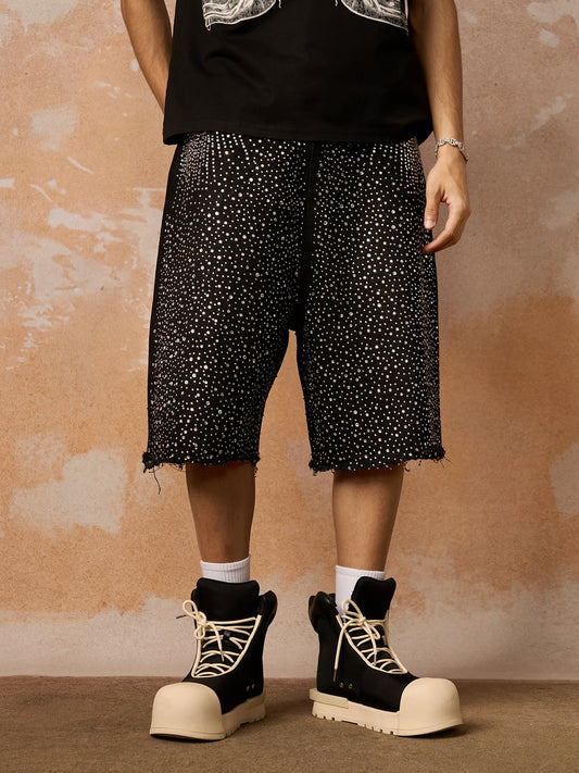 Retro Washed Rhinestone Raw Edge Denim Shorts