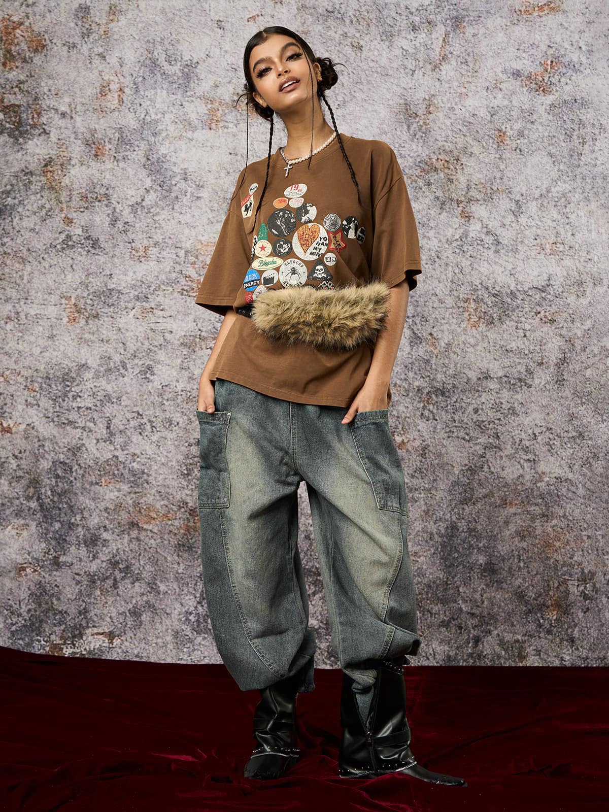 Washed Distressed Split Drawstring Barrel Jeans