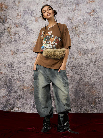 Washed Distressed Split Drawstring Barrel Jeans