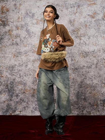 Washed Distressed Split Drawstring Barrel Jeans