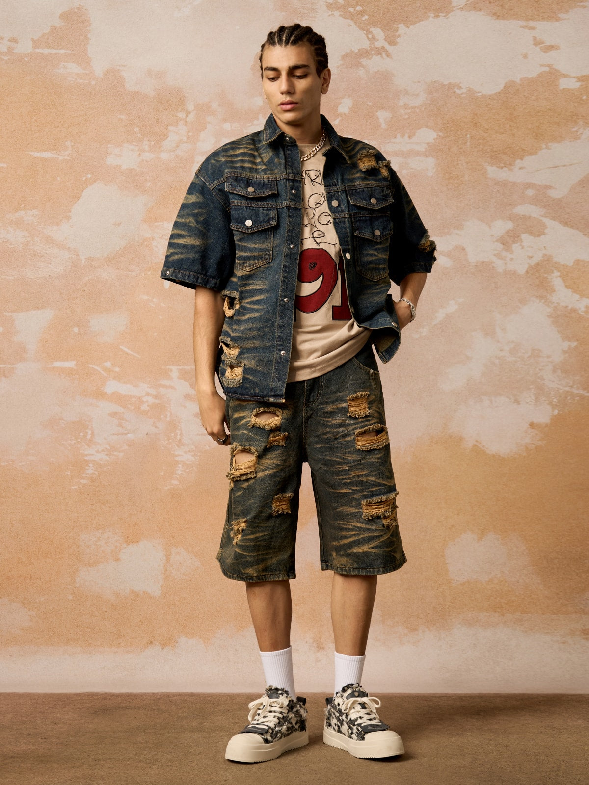Distressed Washed Distressed Denim Set