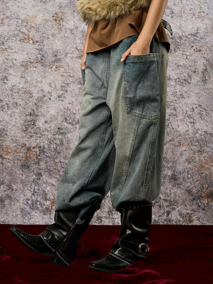 Washed Distressed Split Drawstring Barrel Jeans