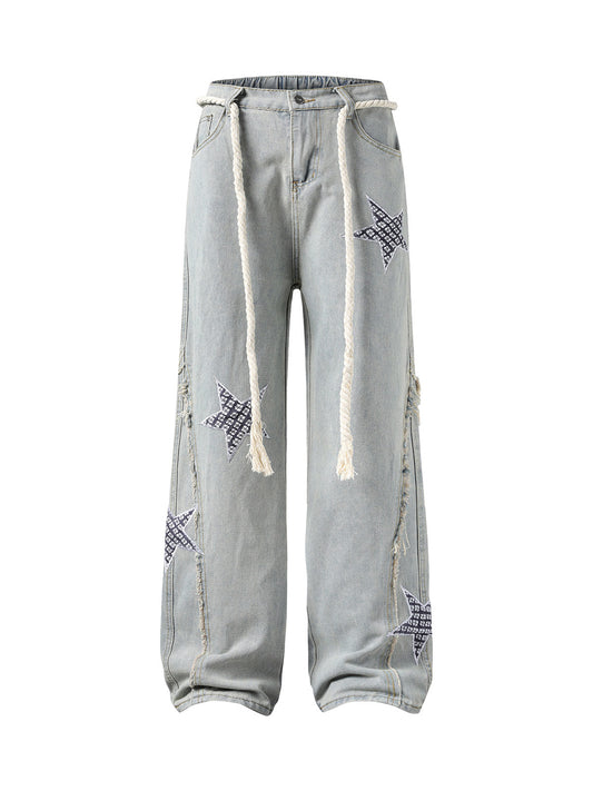 Street Drawstring Star Applique Jeans