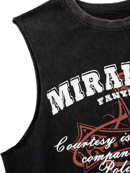 Distressed Ripped Graphic Cross Print Vest