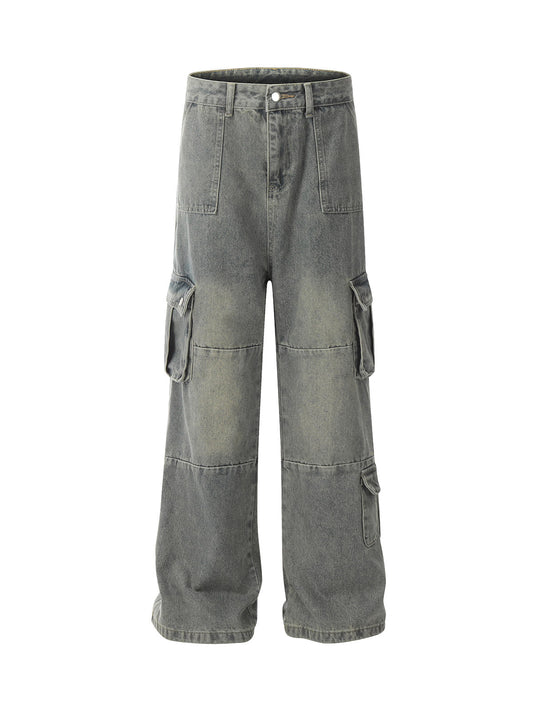 Distressed Washed Multi-Pocket Cargo Jeans