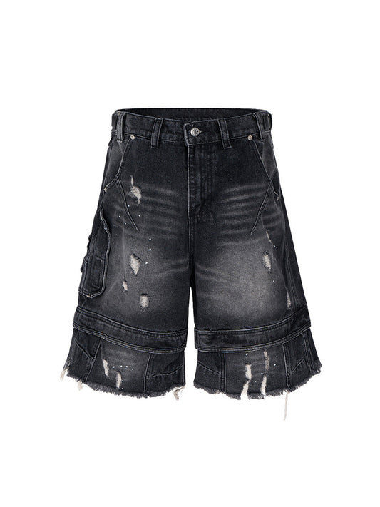 Ripped Washed Tassel Cargo Denim Shorts