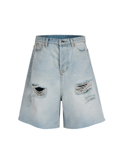 Washed Ripped Whisker Denim Jorts