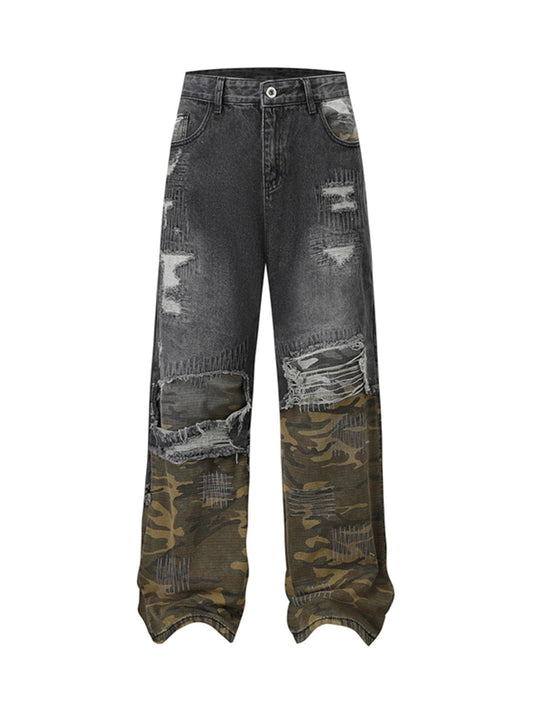 Distressed Camouflage Patchwork Jeans