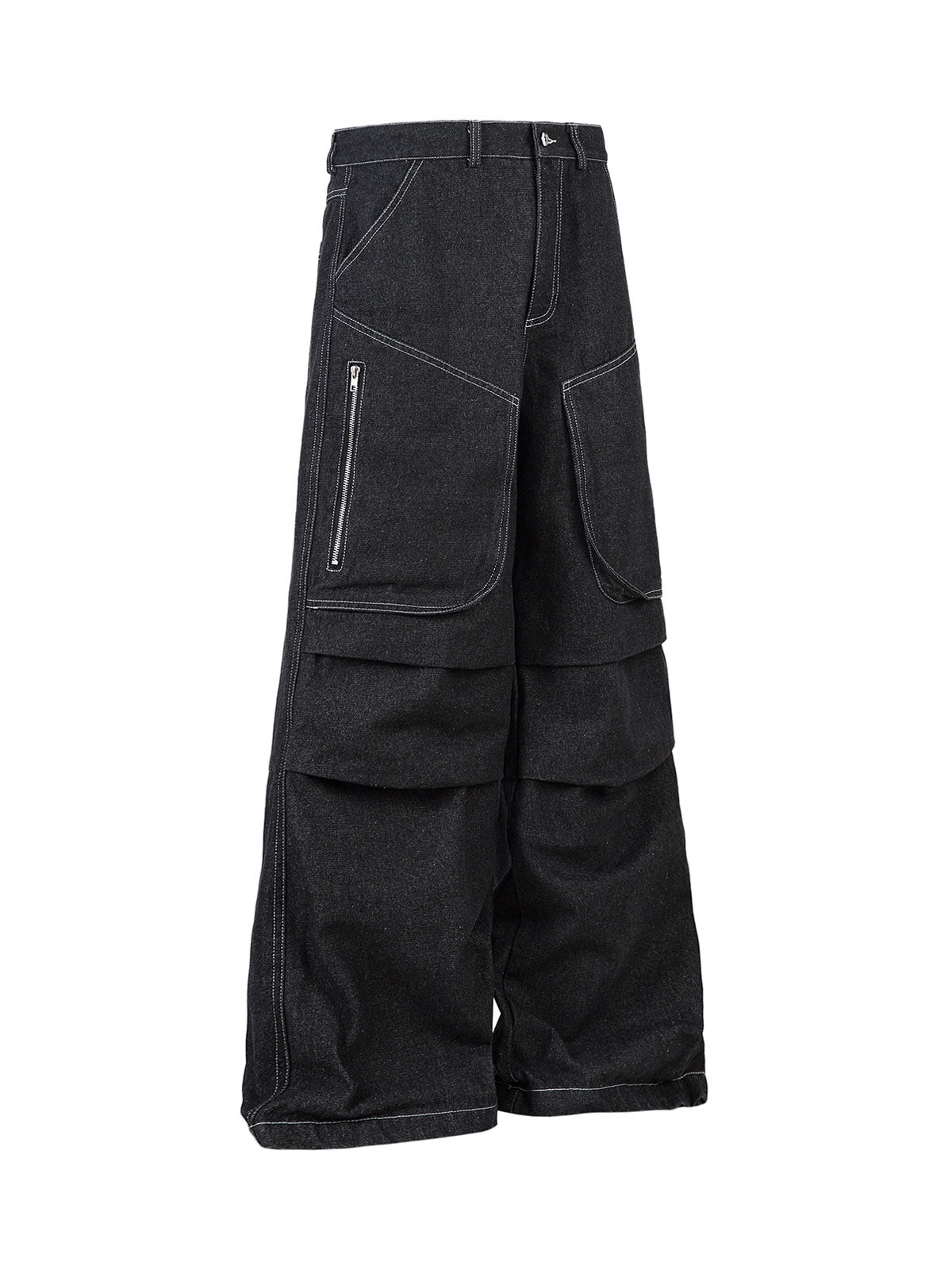 Deconstructed Split Topstitched Pleated Pocket Jeans