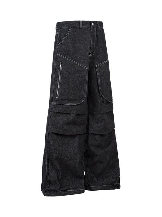 Deconstructed Split Topstitched Pleated Pocket Jeans