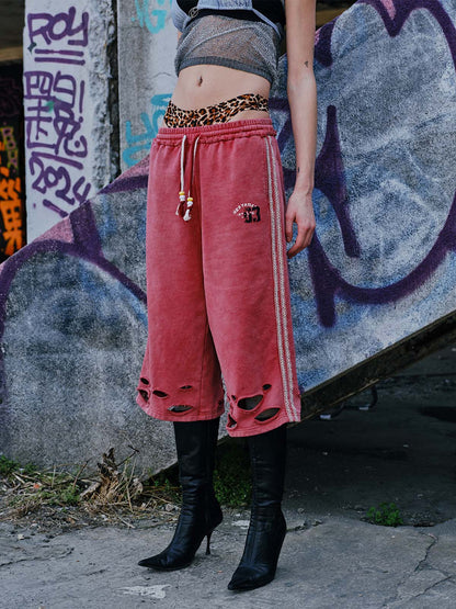 Distressed Ripped Red Culotte Jorts