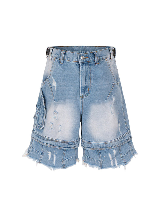 Ripped Washed Tassel Cargo Denim Shorts