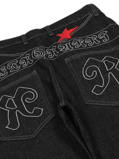 Dark Gothic Embroidered Star Straight Jeans