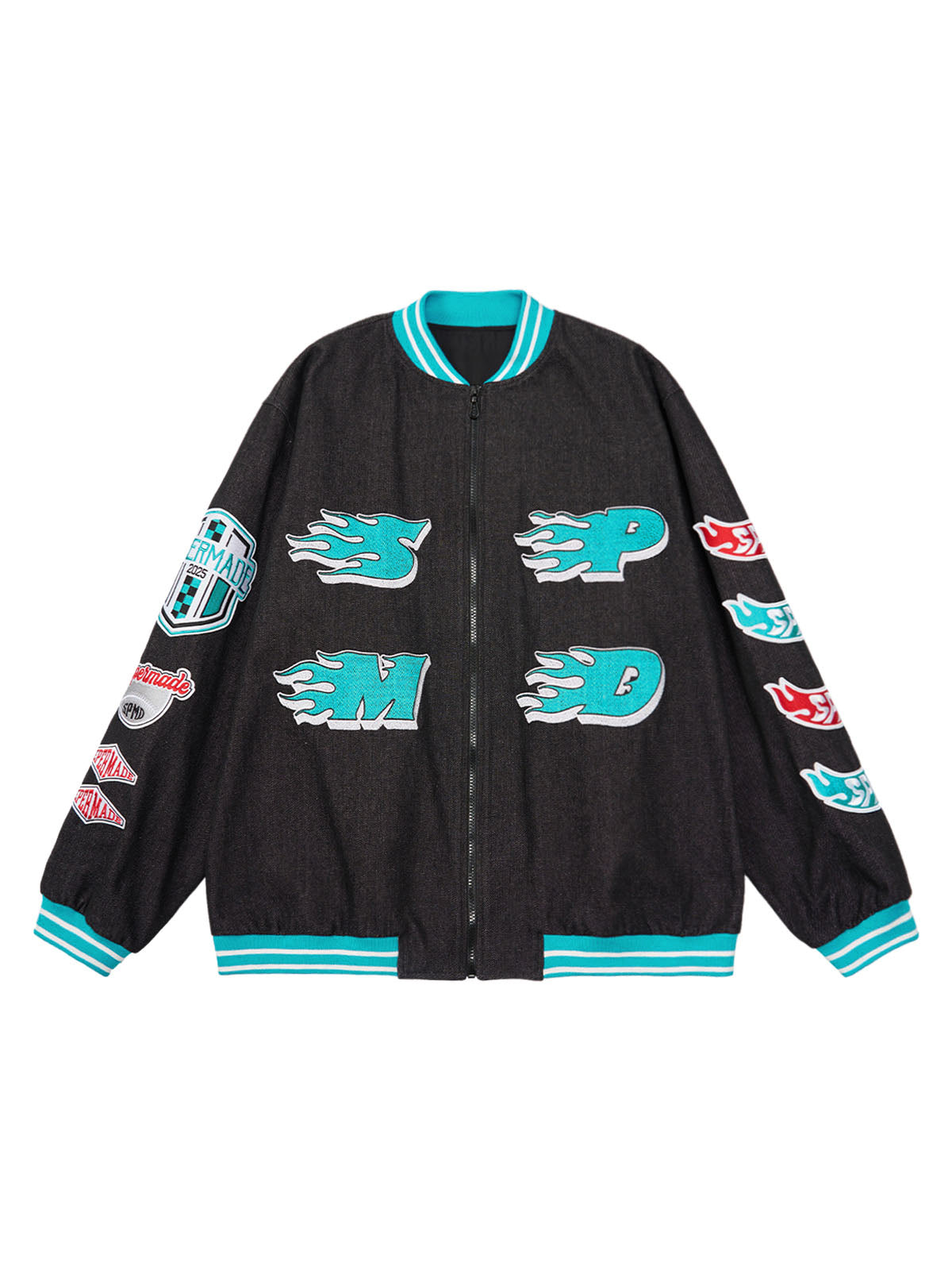Original Embroidered Patch Flame Design Bomber Jacket