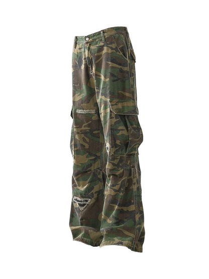 Ripped Camouflage Flared Cargo Pants
