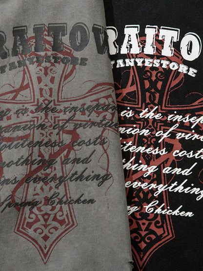 Distressed Ripped Graphic Cross Print Vest