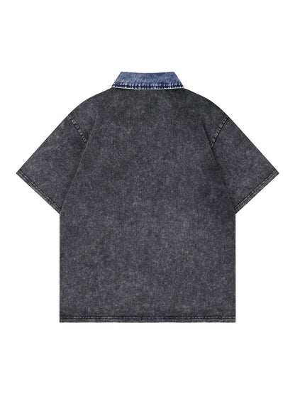 Distressed Embroidered Denim Collar Polo Shirt